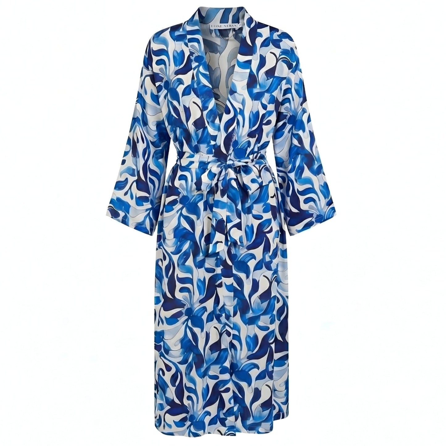 Blue and white patterned robe on a white background